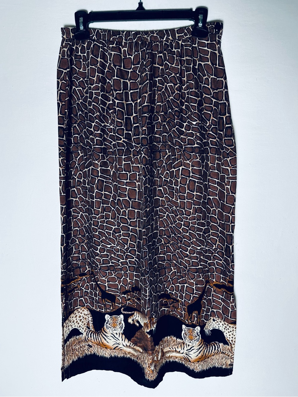 Vintage Burke Avenue Tiger Leopard Giraffe Border Print Rayon Maxi Skirt M Boho